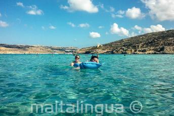 Comino'da Mavi Lagün'de yüzen dil okulun öğrencileri