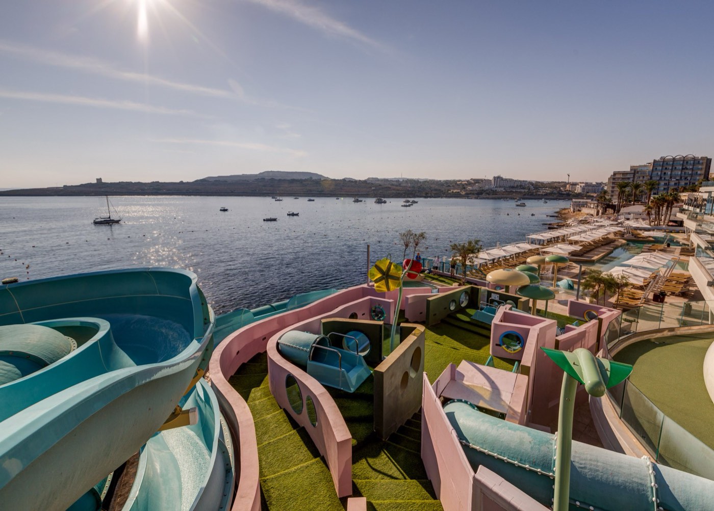 AX ODYCY Hotel rooftop water park overlooking St Paul's Bay — the Superior Rezidans for 16–17s